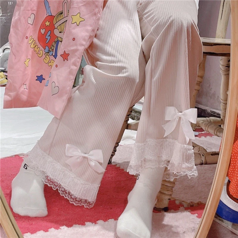 Japonijos Pink Lolita Moterų Kawaii Aukšto Juosmens Velvetas Kelnės Saldus Lankas Nėrinių Pločio Kojų Kelnės Girly Drabužiai Laisvi Mielas Kelnių Nuotrauka 0