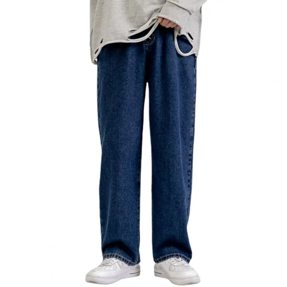 Atsitiktinis Vyrų Džinsai Tiesūs Vidurio Pakilti Prarasti Pločio Kojų Vyriškos Kelnės Vientisos Spalvos Hip-Hop Džinsinio Audinio Kelnės Streetwear Vyrų Kelnės Nuotrauka 0