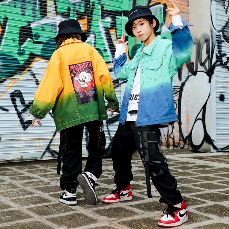 Vaikas Kpop Apranga, Apranga, Mergaitė, Berniukas, Negabaritinių Gradientas Marškinėliai Striukė Viršuje Streetwear Taktinis Krovinių Kelnės Hip-Hop Šokių Kostiumas Nuotrauka 0