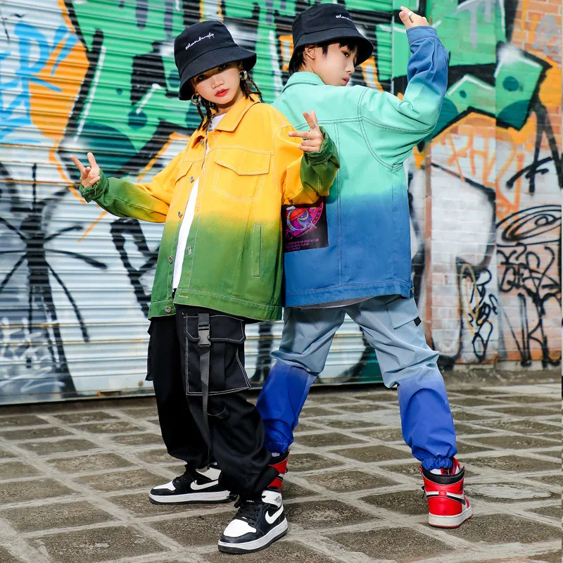 Vaikas Kpop Apranga, Apranga, Mergaitė, Berniukas, Negabaritinių Gradientas Marškinėliai Striukė Viršuje Streetwear Taktinis Krovinių Kelnės Hip-Hop Šokių Kostiumas Nuotrauka 1