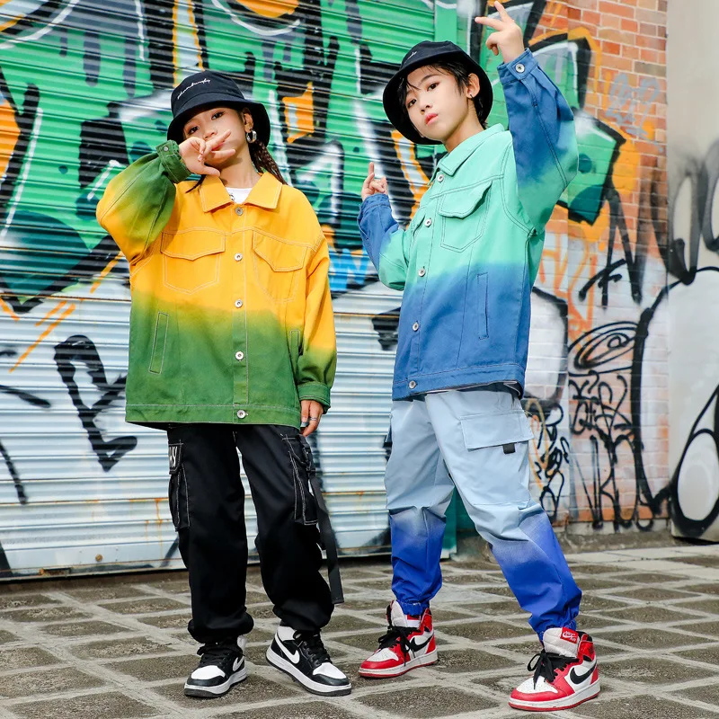 Vaikas Kpop Apranga, Apranga, Mergaitė, Berniukas, Negabaritinių Gradientas Marškinėliai Striukė Viršuje Streetwear Taktinis Krovinių Kelnės Hip-Hop Šokių Kostiumas Nuotrauka 2