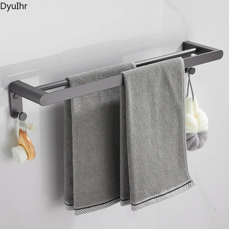 Juoda erdvė aliuminio rankšluosčių džiovykla rankšluostį juostoje dukart baro tualete kabo lazdele vonios kambarys pakabukas dvigubo sluoksnio rankšluostį rack rack DyuIhr Nuotrauka 1