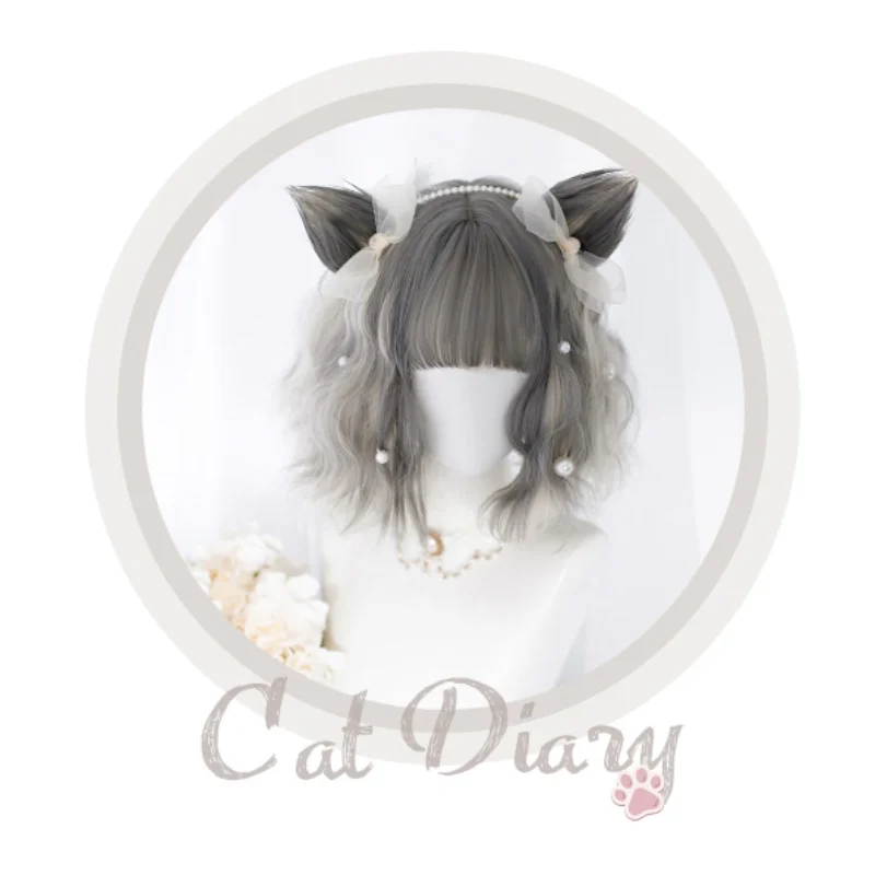 Kasdien Harajuku lolita perukas katės dienoraštis kačių ausų sidabras gradientas ilgas garbanotas saldus mielas studentų mergina, moteris perukas Pilka kaštoninės spalvos ruda Nuotrauka 1