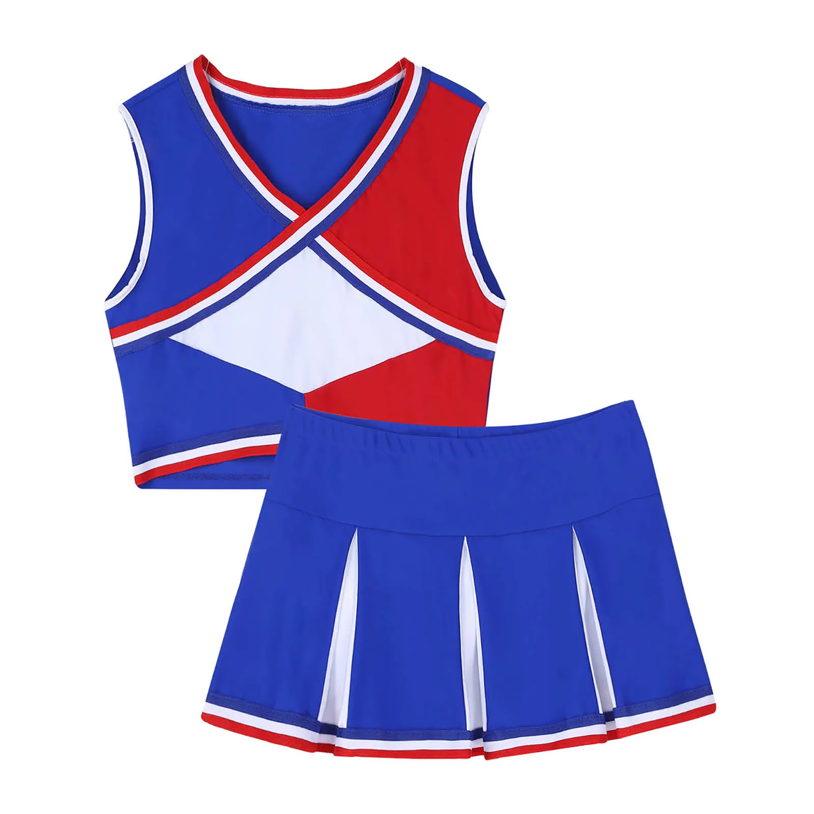 Moterų Cheerleaders Apranga Vaidmuo Žaisti Kostiumai Mergaičių V Kaklo, Rankovių Spalvos Bloką Pasėlių Viršuje su Klostuotas Sijonas Rinkinys Nuotrauka 5