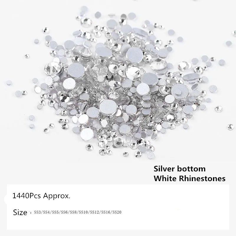8 Paketus Nagų Crystal White AB kalnų krištolas Aukso Sidabro Pagrindo Stiklo SS3-SS20 Butas-atgal 3D Žavesio Perlus 
