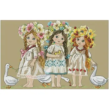 Trys mergaitės dėvėti gėlių modelius skaičiuojami 11CT 14CT Kryželiu 