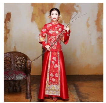 Rytų Kinijos Tradicinių Vestuvių Suknelė Moterims Phoenix Siuvinėjimo Cheongsam Raudona Šilko Qipao Nuotaka Tradicijas Skraiste Chinoise