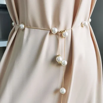 Lady Elegantiškas Pearl Moterų Diržas Paprasta Kolonėlė Metalo Plona Grandinė Diržas Ponios Suknelė Liesas Juostos Dekoratyviniai Papuošalai