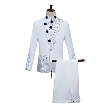 Baltųjų Vyrų Kostiumai 2 Vienetų Komplektas Vestuvių Kostiumai Vyrams Retro Zhongshan Kostiumas Kinų Stiliaus Suknelė Balta Deimanto-inkrustacijos Vyrų Švarkas
