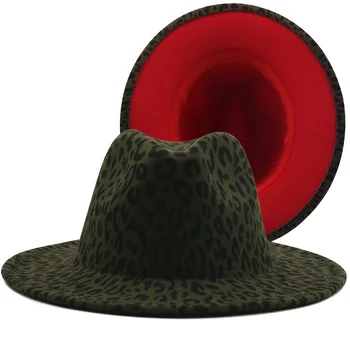Kraštų Armijos Plati Žalioji Leopard Raudona Apačioje Fedora Ponios Vilnos Veltinio Kepurę Moterų, Vyrų Grupė Trilby Džiazo Bažnyčios Skrybėlės Kratinys Panama Kepurė 
