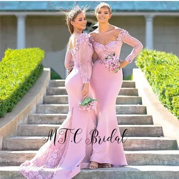 Dusty Pink Ilgomis Rankovėmis Undinė Bridesmaid Dresses Naujas Nėrinių Appliques Spalvingas Dubajus Tarnaitė Garbės Suknelė Pagal Užsakymą