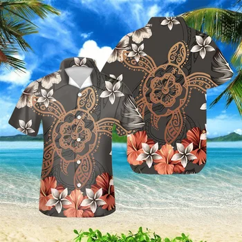 Polinezijos Hibiscus Vėžlys ir Plumeria Spaudinių vyriški trumpomis Rankovėmis Havajiečiai Marškinėliai 2021 M. Vasaros Mados Kubos Apykaklės Mygtuką Viršūnės