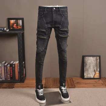 Dviratininkas Rudenį Vyrų Black Jeans Streetwear Atsitiktinis Slim Fit Pieštuku Kelnių Užtrauktuką Kratinys Džinsinio audinio Kelnės CP2023