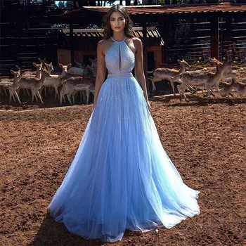 Mėlyna China Apynasrio Šalies vakarinės Suknelės Elegantiškas Bling Rankovių Kokteilių Suknelė 2022 Paprasta Grindų ilgis Backless Prom Chalatai