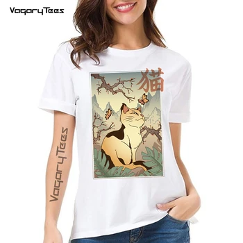 Nauja Vasaros Moterų Japonijos Katė Tradicinės Tapybos, Grafikos Meno Klasikiniai Marškinėliai Gyvūnų Harajuku Moteris Atsitiktinis Cute Girl marškinėliai