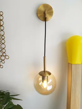 Antikvariniai žalvario apdailos geležies gintaro spalvos stiklo kamuolys atspalvį žąsų kaklo sienos lempa, šviestuvas su lempa D150mm kamuolys šviesos kambarys parduotuvė puošmena