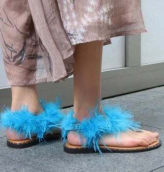 Vasaros Šilko Thong Kojų Stručio Plunksna Sandalai Moterims T-strap Ponios Kniedės Plokščia Vienintelis Paukštis, Plaukų Atostogų Sandalias Batai