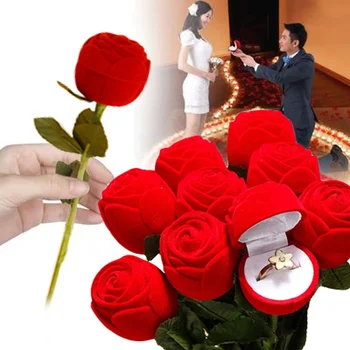 Kūrybos Raudonos Rožės Žiedas Langelį Vestuvės Vestuvinis Pasiūlymu Valentino Dienos Dovana Organizatorius Flocking Ekranas Paketo Papuošalų Dėžutė