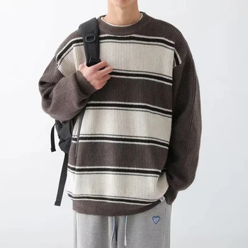 Megztiniai Vyrų Megztinis Dryžuotas Megztinis Rudenį Naujų Mados Atsitiktinis Palaidų Storas O-Kaklo Negabaritinių Harajuku Streetwear Trikotažas
