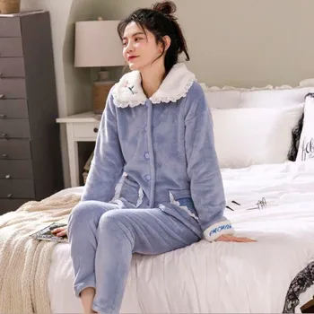 Pižama Moterų Žiemos Sustorėjimas Namų Drabužių Koralų Vilnos Šiltas Sleepwear Mielas Pridėti Aksomo Ponios Pijamas Nustatyti Pyjama Femme Kostiumas