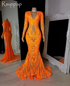 Sparkly Ilgai Prom Dresses 2022 V-kaklo, ilgomis Rankovėmis Oranžinės spalvos Blizgučiais Juodosios Afrikos Mergaičių Undinė Prom Dress