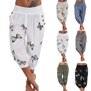 Capris Kelnės Moterims Aukšto Juosmens Haremo Kelnės Lengvas Streetwear Moterų Kišenėje Baggy Capri Jogger Kelnės Dugnas Su Spausdinimo