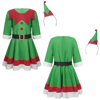Vaikų Mergaičių Kalėdų Elfų Kostiumais, Festivalis Santa Sąlyga Naujus Metus, Drabužiai Vaikams, Paaugliams, Fancy Dress Kalėdos Šalis Suknelė su Skrybėle