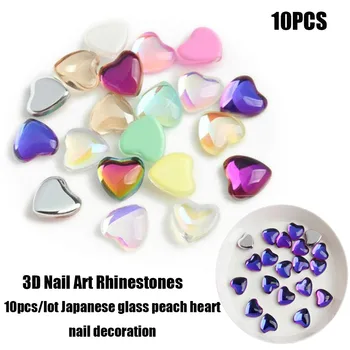 10vnt/daug Japonų stiklo persikas širdies nagų dekoravimo, plokščio deimanto manikiūro reikmenys, 8mm širdies formos kalnų krištolas ornamentu