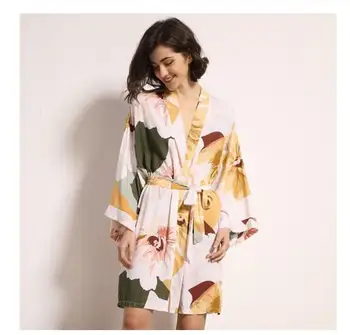 Richkeda Parduotuvėje Naujas 2021 Naujas Sleepwear Apdaras Pavasarį Plonos Medvilnės-šilko Moterų Pižamą Gėlių Spausdinti ilgomis rankovėmis Chalatas, Pižama