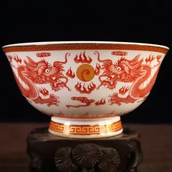 Kinijos seno porceliano Didelis dubuo su aukso modelis ir raudona double dragon dubuo