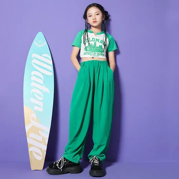 Vaikų, Paauglių Kpop Komplektus Hip-Hop Drabužių Pasėlių Marškinėlius Viršūnes Streetwear Žalia Baggy Kelnės Mergaitėms Etape Džiazo Šokio Kostiumų Drabužiai